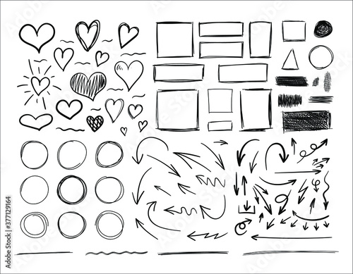Set of hand drawn elements isolated on white background, black outline drawings collection, vector illustration,  scribble lines, freehand sketches.
