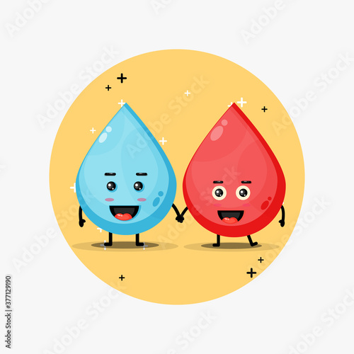 Cute water and blood mascot holding hands