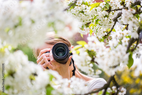 Pretty, female photographer outdoors on a lovely spring day, taking pictures of a blossoming tree photo