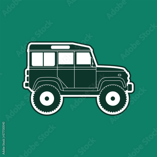 Typischer britischer Geländewagen als Icon vor grünem Hintergrund