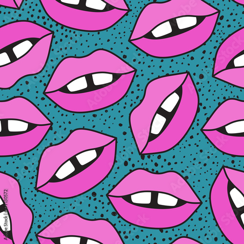Vector seamless pattern with sexy red lips on contrast background. Fashion concept. Trendy fabric print. Use for postcard, wallpaper, pattern fills, web page background, surface textures.