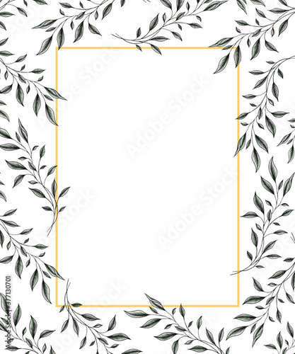 golden frame with vintage leaf drawing, ink hand drawn botanical frame design for cards, wedding invites or greeting cards, black floral sketch decoration © IBeart