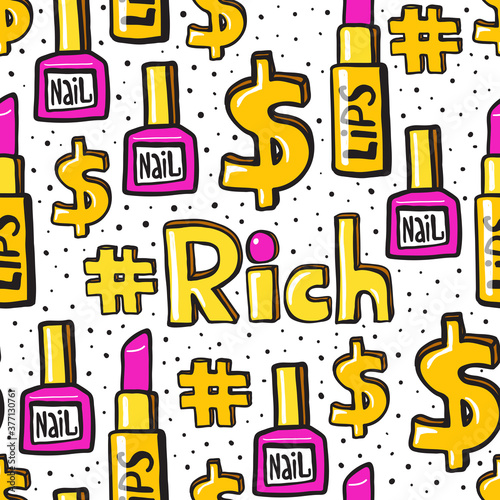 Vector seamless pattern with hand drawn pop art stickers. Lipstick in gold case, pink nail polish bottle, golden dollar sign, yellow hashtag, black dots. Luxury and cartoon.