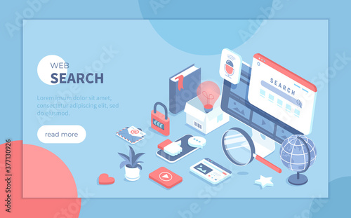 Web search engine. Search page on the monitor screen, voice searching, result elements. Isometric vector illustration for presentation, banner, website.