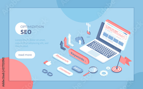 Search Engine Optimization, Keyword Research. Search engine results page on the laptop screen. Isometric vector illustration for presentation, banner, website.