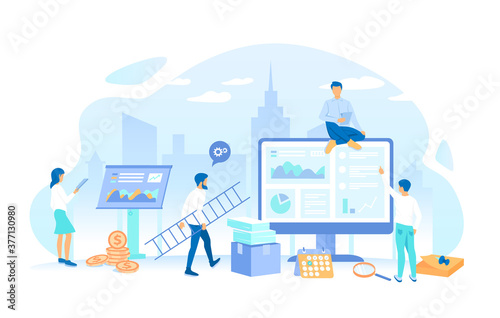 Group of people characters analyzes information, makes calculations, analytics, creates a report, plans. Working process, teamwork communication. Vector illustration flat style.