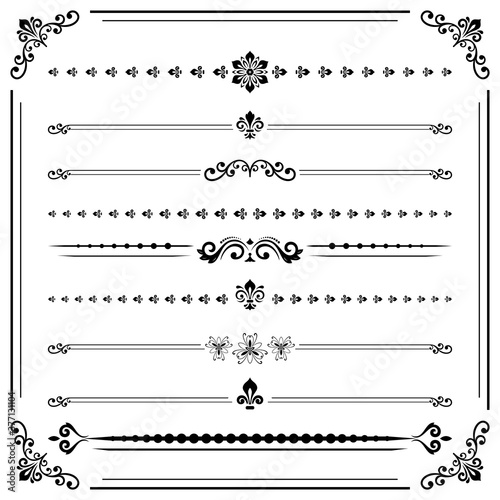 Vintage set of vector decorative elements. Horizontal black separators in the frame. Collection of different ornaments. Classic patterns. Set of vintage patterns