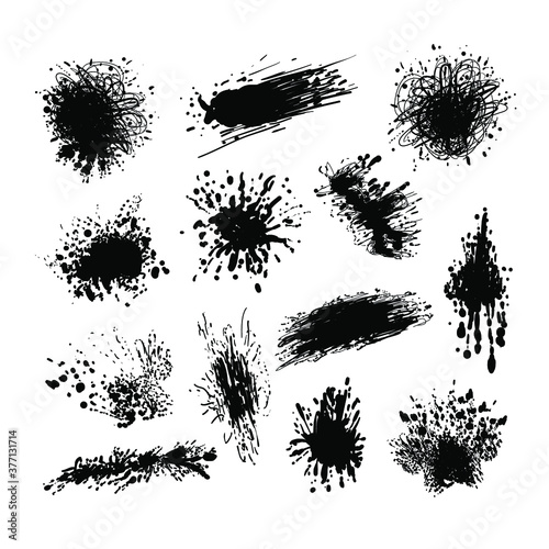 Set of black ink splashes isolated on white background, grunge ink blobs, stains and drips, black paint splatters, vector.
