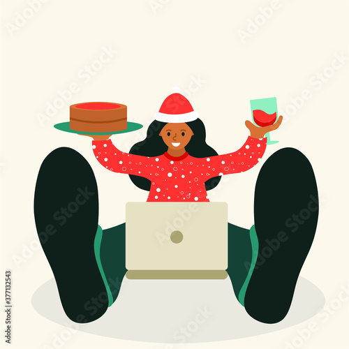 vector illustration - woman celebrates new year and christmas 2021 online during coronavirus. Video conference winter party online meeting with friends and family. Virtual facetime call stay home