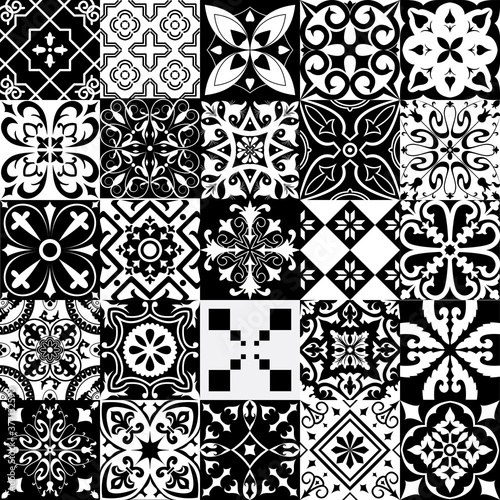 Set of tiles in portuguese, spanish, italian style in black and white. For wallpaper, backgrounds, decoration for your design, ceramic, page fill and more.