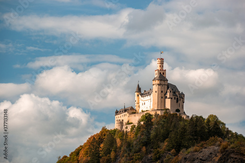 Romantic castles near Koblenz alongside the rhine rhein river germany, Marksburg castle by Braubach Germany Koblenz photo