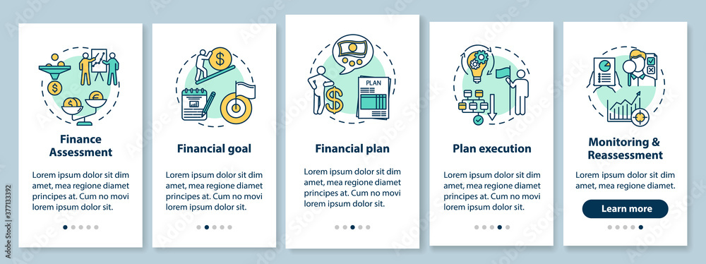 Financial planning process onboarding mobile app page screen with concepts
