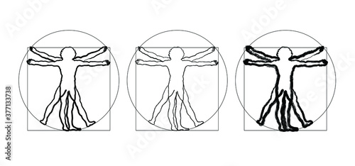 Vitruvian Man by Leonardo Da Vinci Concept of scientific propotion, drawing vitruvian Man about human anatomy (executed circa in 1490) by ancient manuscript of Roman master Marcus Vitruvius Pollio. photo