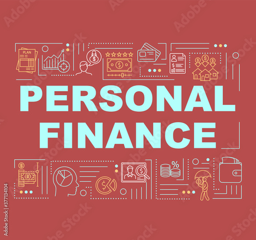 Personal finance word concepts banner. Investment planning. Infographics with linear icons on red background. Isolated typography. Vector outline RGB color illustration