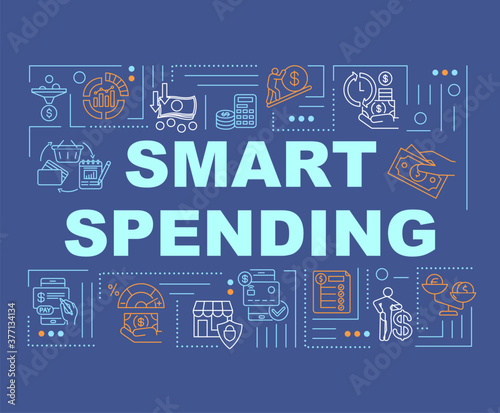 Smart spending word concepts banner. Analytics, accounting, calculating. Infographics with linear icons on dark blue background. Isolated typography. Vector outline RGB color illustration