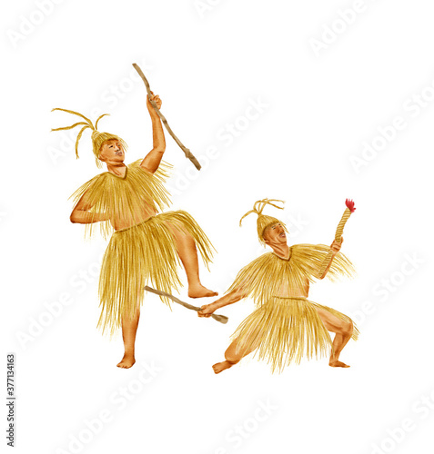 Watercolor Illustration of two men dancing the Maogusi dance of the Tujia people in western Hunan, China, which is an ancient dance. Isolated on white background. | 土家毛古斯舞
 photo