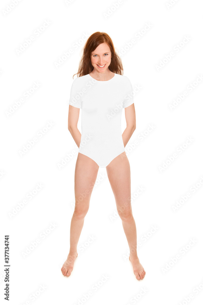 Full length portrait of an attractive cheerful woman wearing a white bodysuit, studio photo isolated in front of white background Full length portrait of an attractive cheerful woman wearing a white bodysuit, studio photo isolated in front of white background