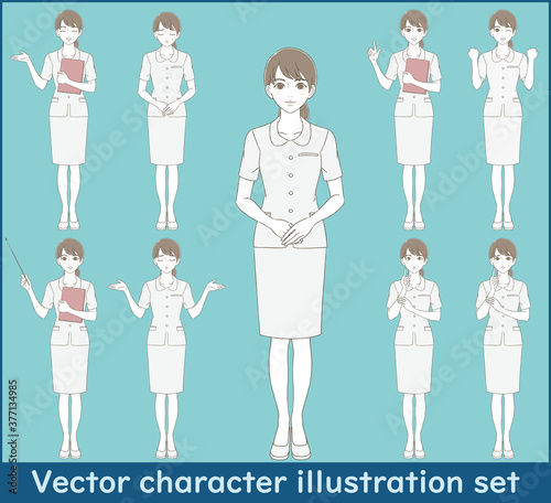 医療・美容　手描き風　白い制服を着た女性の全身イラストセット
