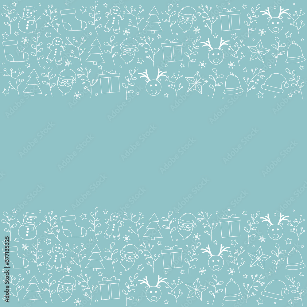Christmas background with ornaments and copyspace. Empty Xmas greeting card. Vector