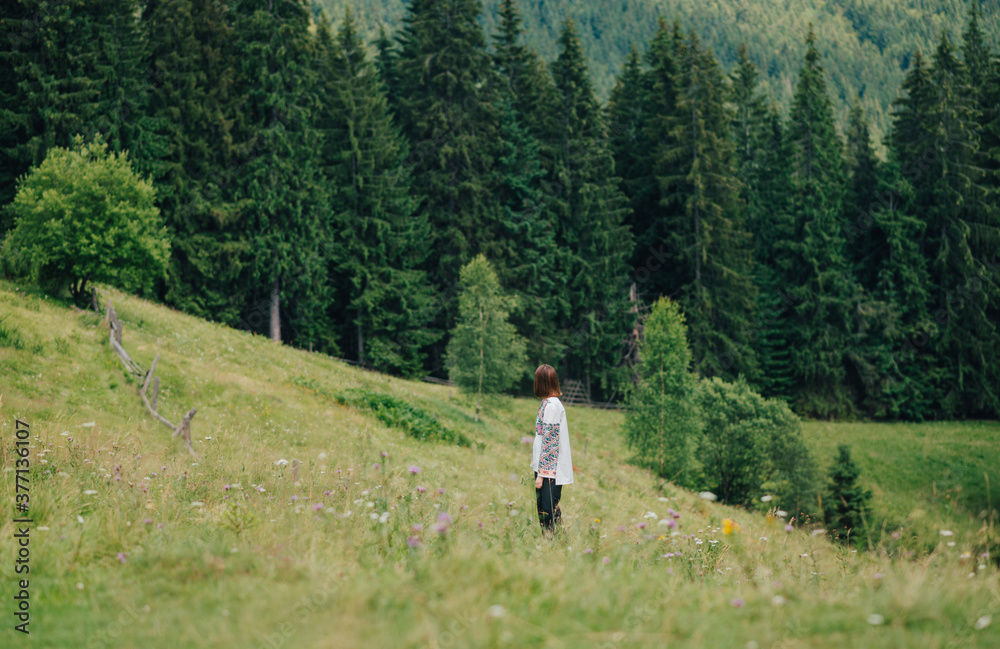 Girl in an embroidered shirt stands in the grass on a meadow on the background of the Carpathian mountain landscape. View from the back