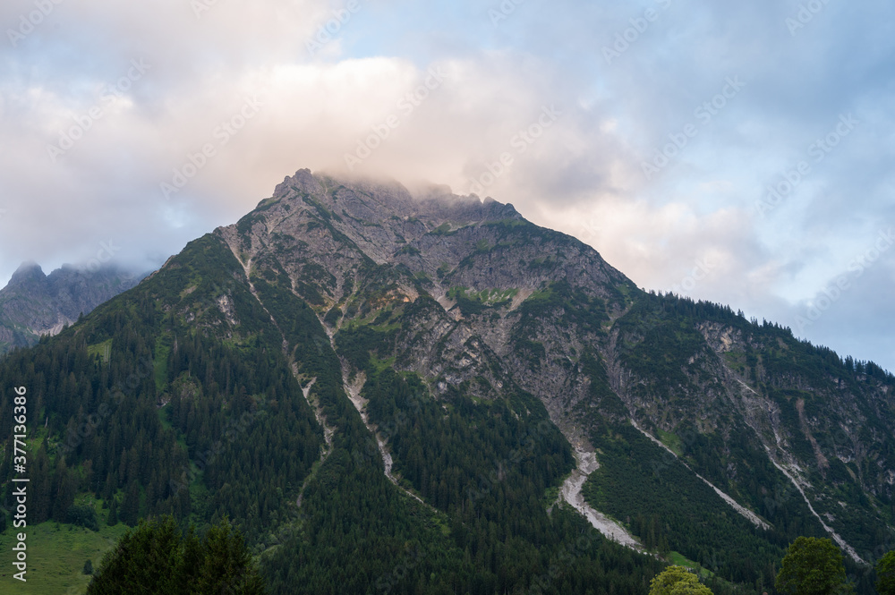 Beautiful scenic view of the Alp mountains with  green grass on a sunset.