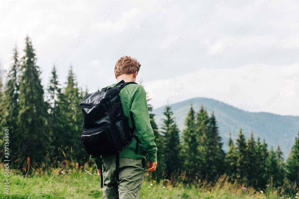 Back view of young man with photo camera on the mountain summer field. Hiker with a backpack walks on a meadow against the backdrop of a mountain landscape, view from the back