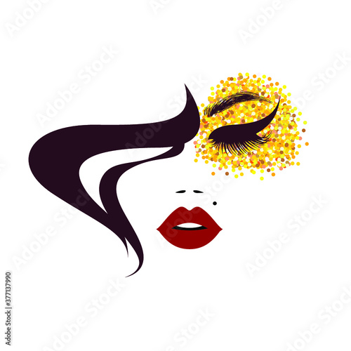 Beautiful woman face with red lips, lush eyelashes, closed eyes, make up art model, sexy birthmark. Beauty Logo. Vector illustration. photo