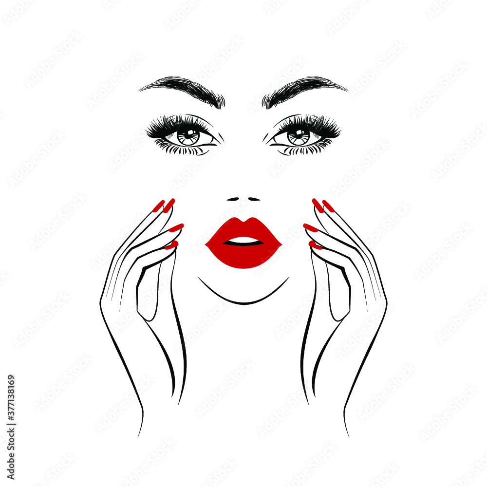 Beautiful woman healthcare, making massage, yoga face, young woman face beauty with clean fresh skin. Beauty logo. Hand drawing. Vector illustration.