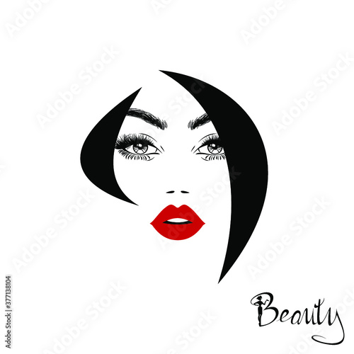 Beautiful woman face with red lips  lush eyelashes  black hair  stylish hairstyle. Beauty Logo. Wallpaper background. Vector illustration.