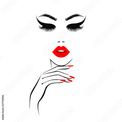 Beautiful woman face with red lips  lush eyelashes  hand with red manicure nails. Beauty Logo. Wallpaper background. Vector illustration.