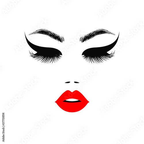 Woman beautiful face, sexy luxurious eyes with perfectly shaped eyebrows and full lashes, eyeliner tattoo. Red lips, flat style, vector illustration. Beauty logo. Element design, isolated on white.