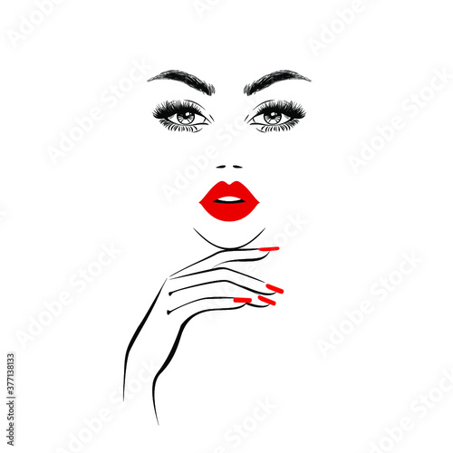 Beautiful woman face with red lips  lush eyelashes  hand with red manicure nails. Beauty Logo. Vector illustration 
