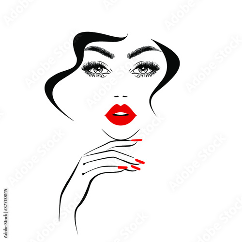 Beautiful woman face with red lips, lush eyelashes, hand with red manicure nails, black hair, stylish hairstyle. Beauty Logo. Nail art studio. Wallpaper background. Vector illustration.