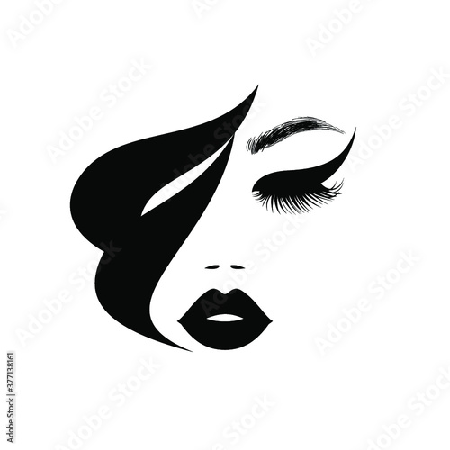 Beautiful woman face with black lips, lush eyelashes, black hair, stylish hairstyle. Beauty Logo. Wallpaper background. Vector illustration.