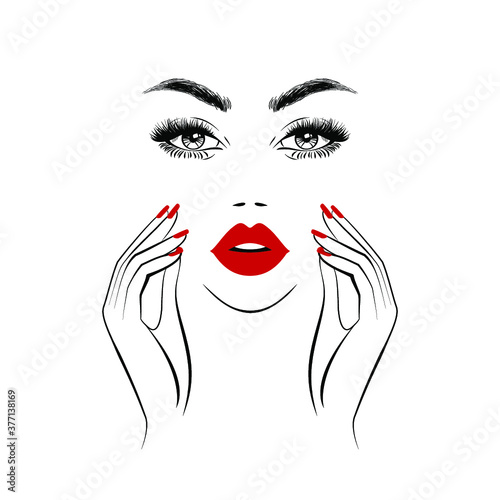 Beautiful woman healthcare  making massage  yoga face  young woman face beauty with clean fresh skin. Beauty logo. Hand drawing. Vector illustration.