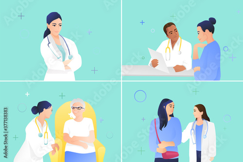 A set of four pictures of medical staff and patients. Male and female doctors take care of patients on a green-blue background. The concept of professional care for your health.