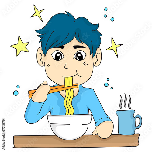 cartoon illustration boy eating noodles mascot design 