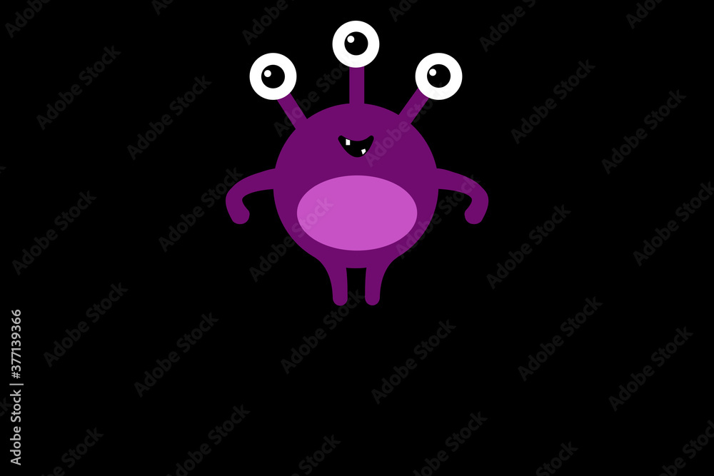 Cute cartoon monster with three eyes on black background without text . Happy Halloween card. Flat design Cute cartoon monster with three eyes on black background without text . Happy Halloween card. Flat design