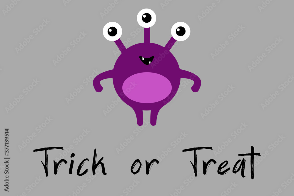 Cute cartoon monster with three eyes on gray background with Trick or Treat text . Happy Halloween card. Flat design Cute cartoon monster with three eyes on gray background with Trick or Treat text . Happy Halloween card. Flat design