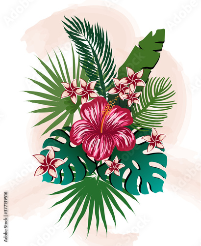 Composition of tropical flowers and leaves. Hibiscus, frangipani, palm and mo...