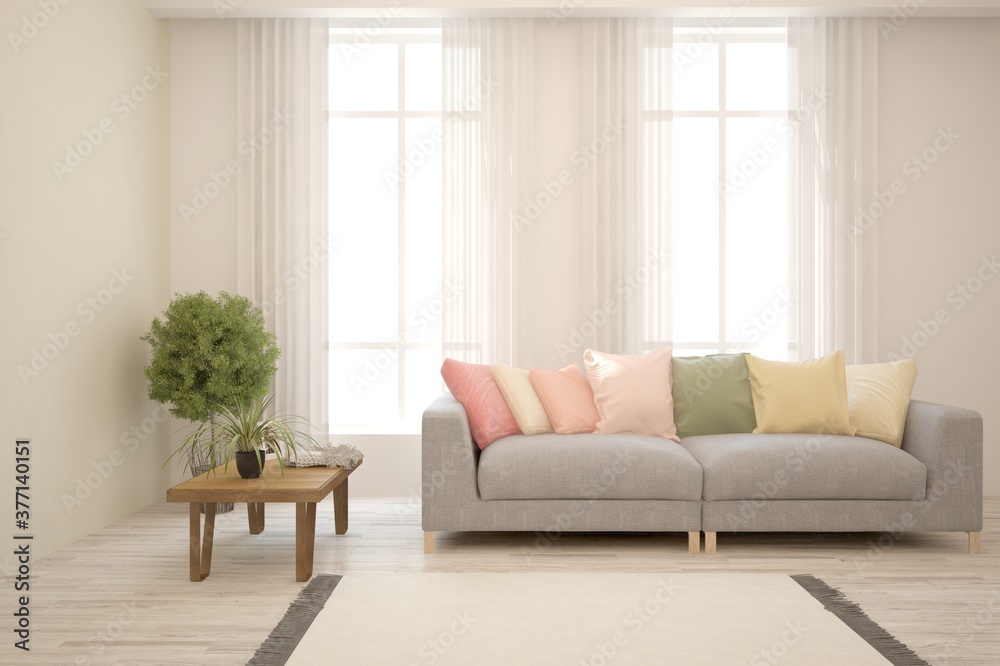 White living room with sofa. Scandinavian interior design. 3D illustration White living room with sofa. Scandinavian interior design. 3D illustration