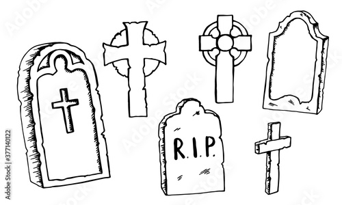 Vintage shabby headstones and celtic crosses set. Hand drawn doodle sketch black outline gloomy gravestones, for Halloween card banner poster. Stock vector illustration isolated on white background