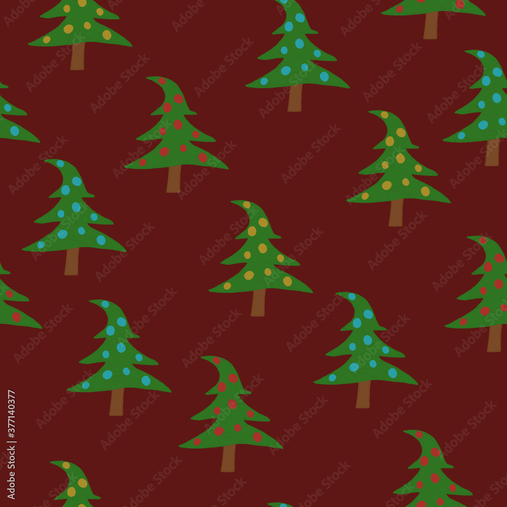 Christmas seamless pattern with decorated Christmas trees on a red background