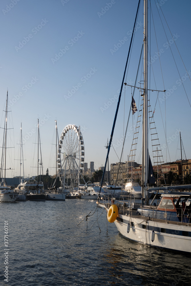 Ferris wheel in the port of city of Cagliari - Sardinia - Aug 2020.