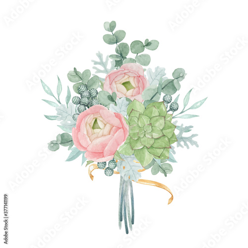 Beautiful watercolor floral bouquet with ranunculus  succulent  dusty miller and eucalyptus