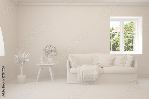 White living room with sofa and summer landscape in window. Scandinavian interior design. 3D illustration