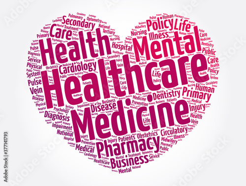 Healthcare heart word cloud collage, health concept background