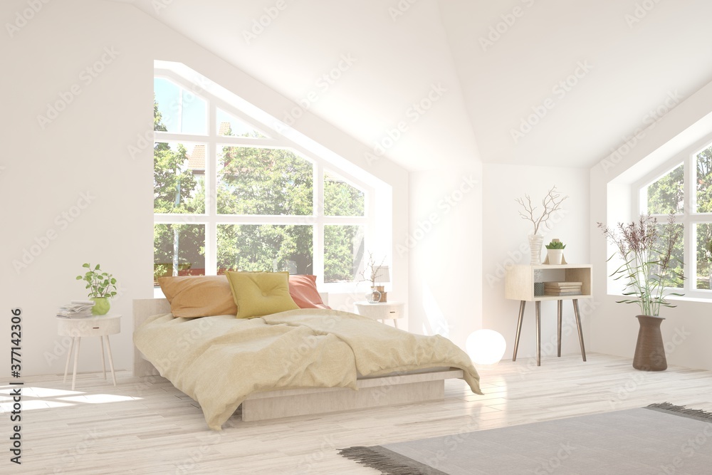 Fototapeta premium Stylish bedroom in white color with summer landscape in window. Scandinavian interior design. 3D illustration