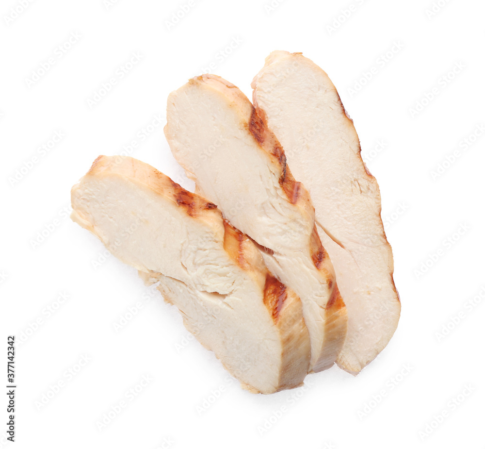 Slices of tasty grilled chicken fillet isolated on white, top view Slices of tasty grilled chicken fillet isolated on white, top view
