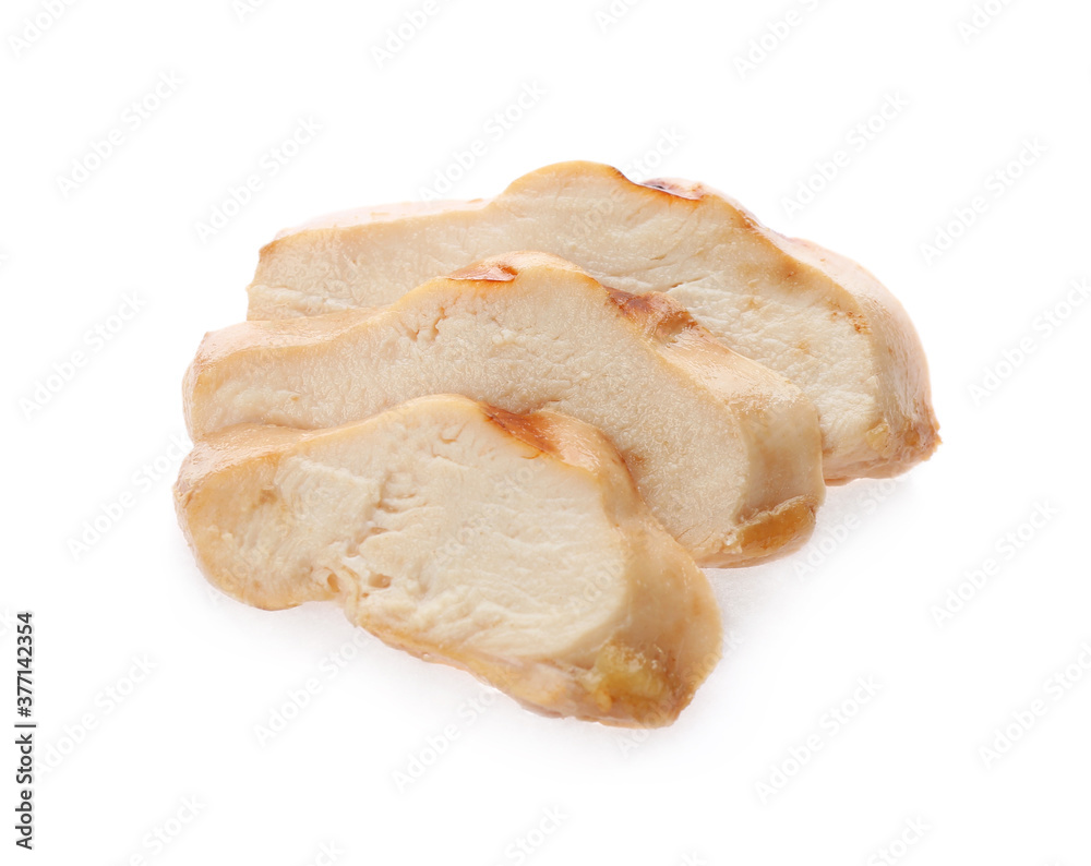 Slices of tasty grilled chicken fillet isolated on white